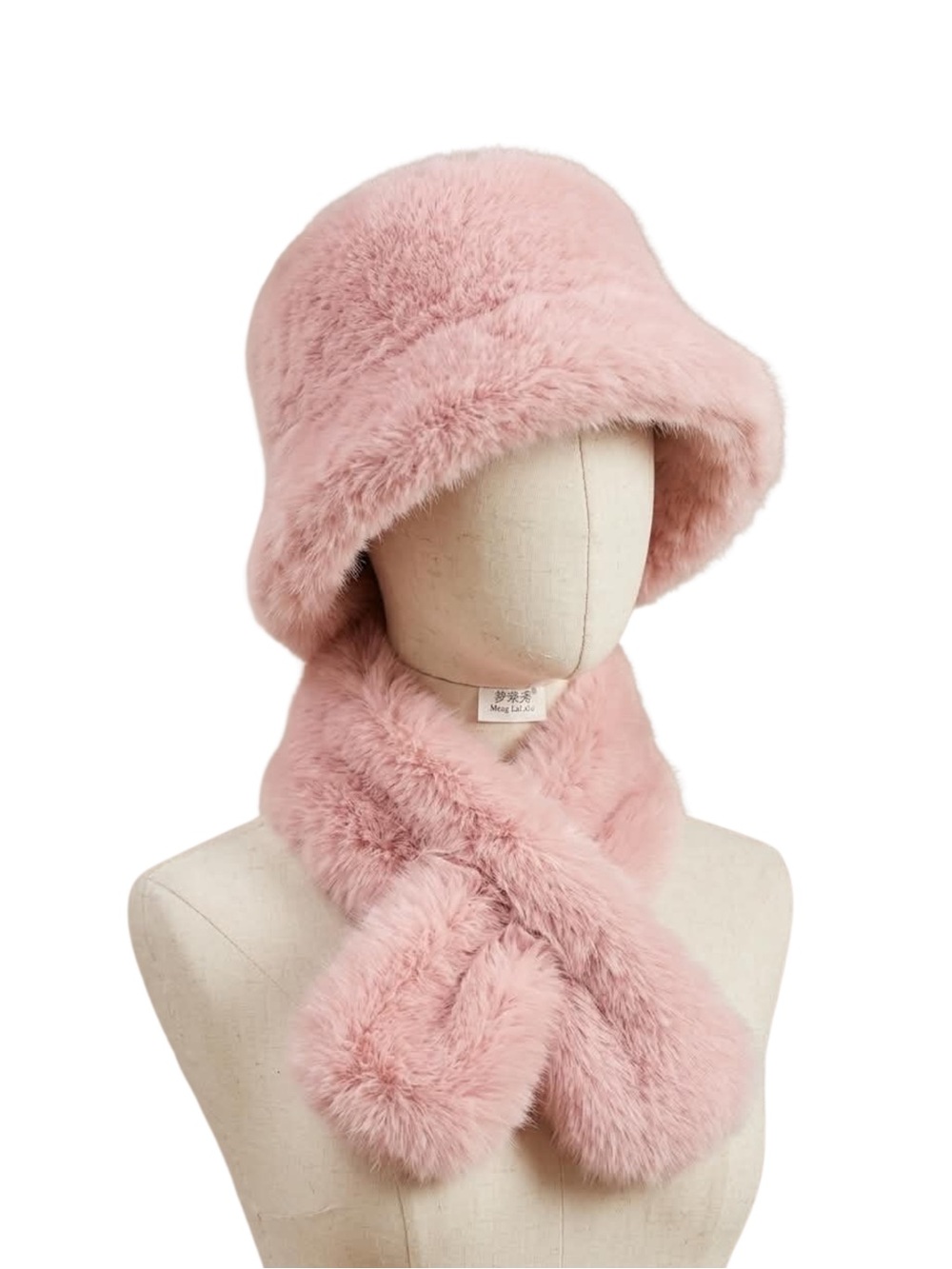 Plush Pink Faux Fur Bucket Hat & Scarf Set